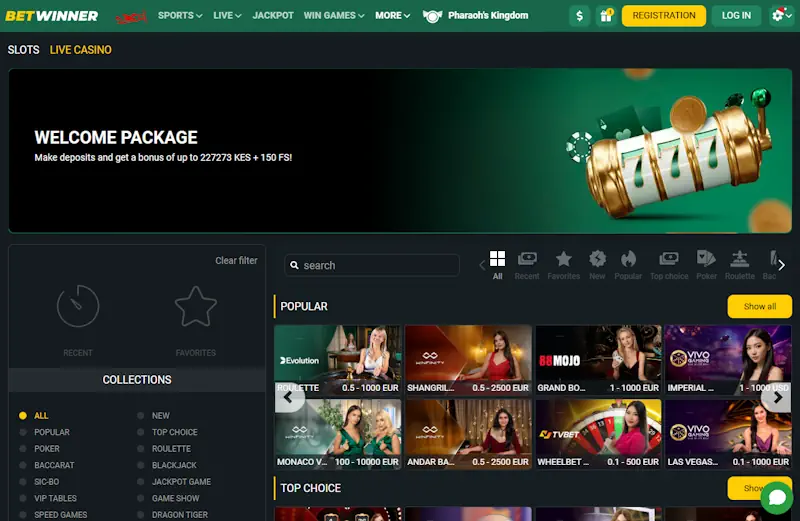 Betwinner Live Casino and Welcome Casino Bonus Screenshot